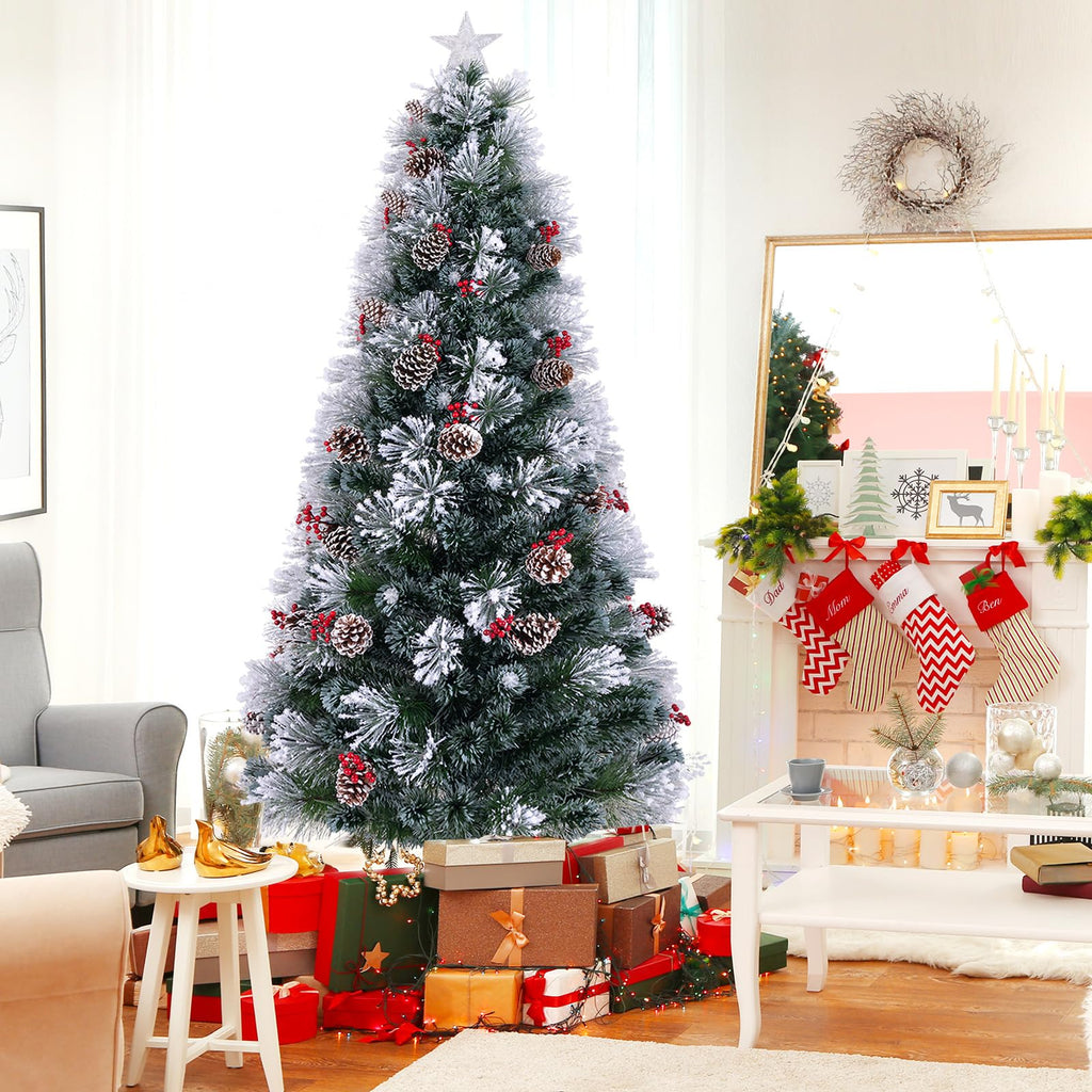 7 FT Pre-lit Fiber Optic Christmas Tree, Artificial Xmas Tree w/270 Snow-Flocked Branch Tips, 76 Cold White LED