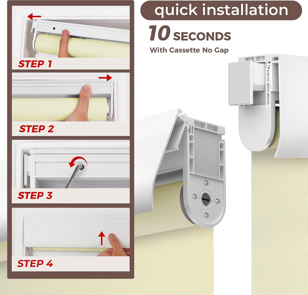 No Drill No Tools Blackout Roller Shades for Windows, (Beige 48 x 48), Renter-Friendly, UV Protection, no-Drill