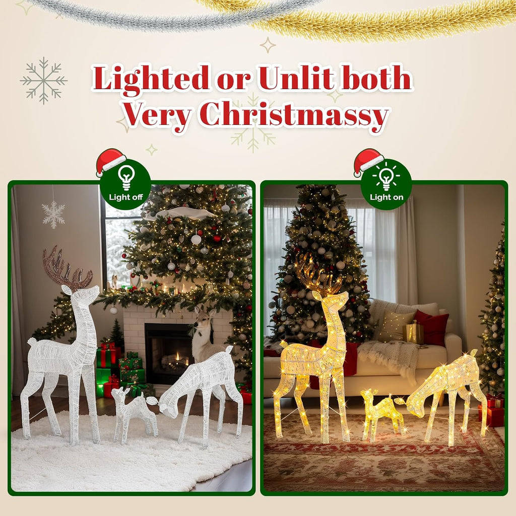 3-Piece Lighted Christmas Golden Reindeer Family Set, 5FT White Buck Doe Fawn Outdoor Decorations, Weatherproof Deer