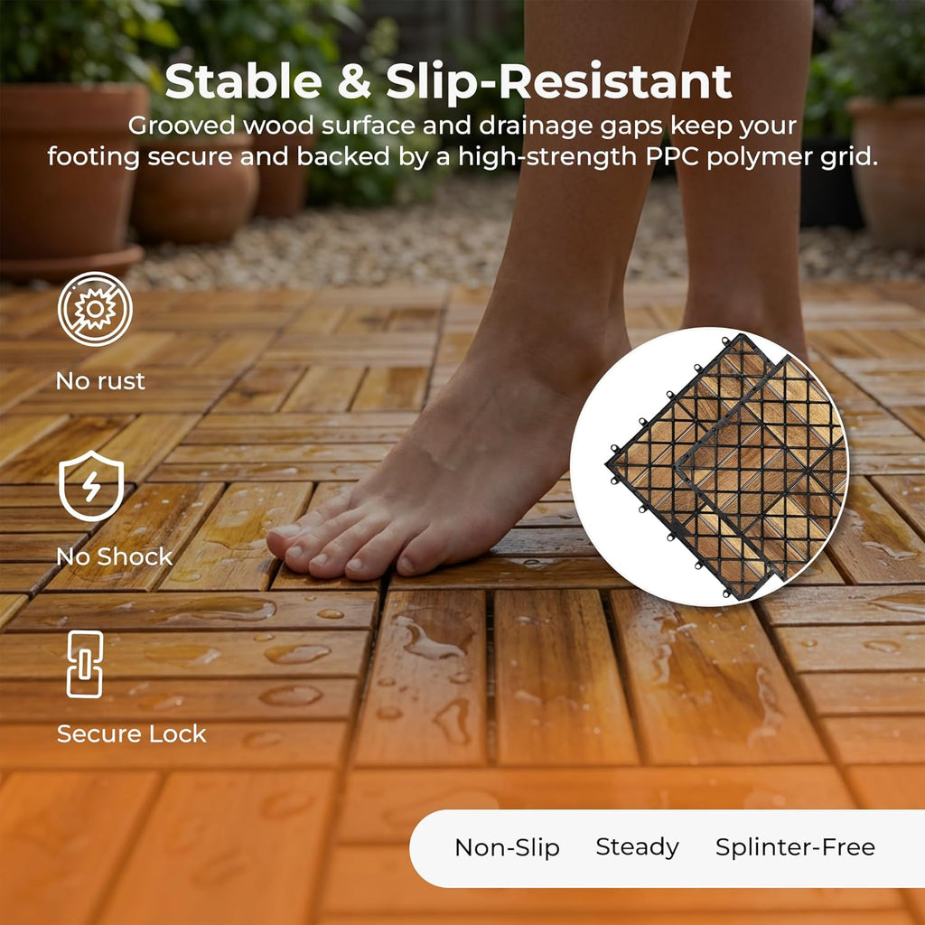 Interlocking Slat Deck Tiles, Acacia Wood Interlocking Deck Tiles - Easy Installation for Patio Flooring & Walkways