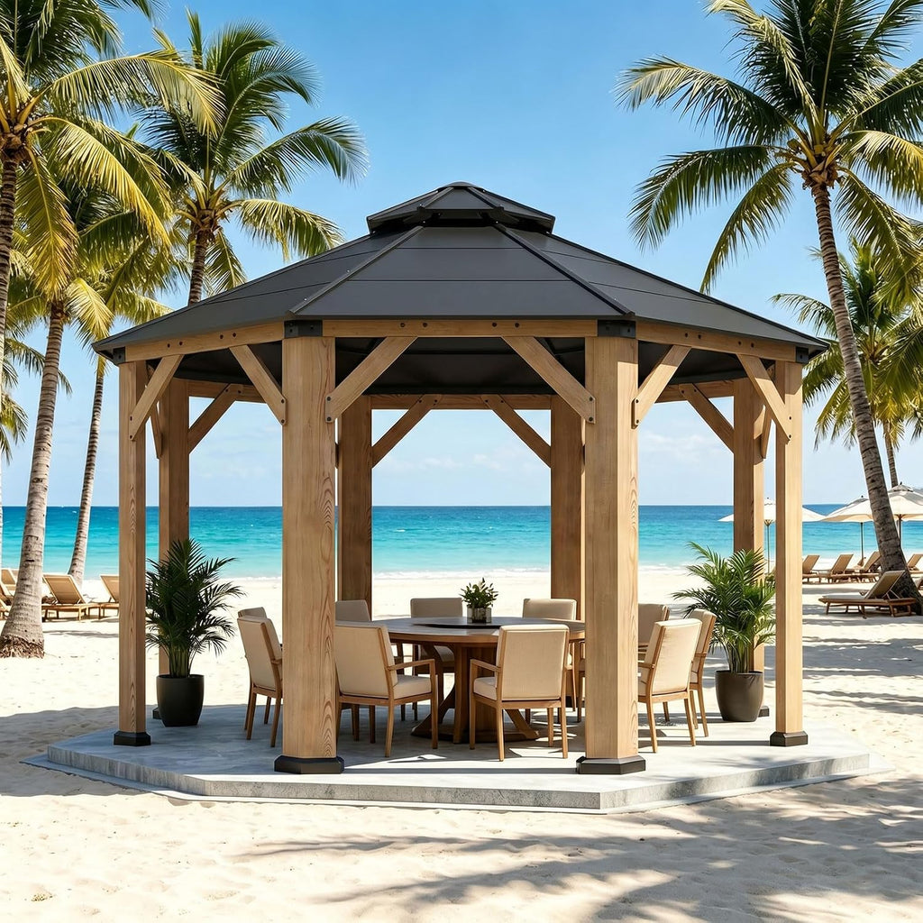 13' x 13' Outdoor Wood Octagon Gazebo, Hardtop Gazebo Permanent Wooden Pavilion with Galvanized Steel Double Roof