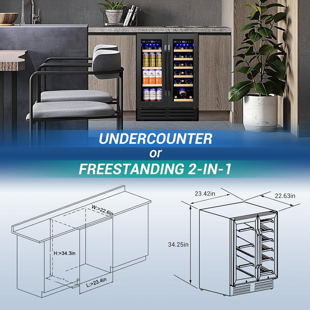 Wine and Beverage Refrigerator Black, 24 Inch Beverage Cooler Under Counter Dual