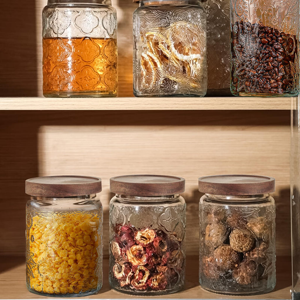 24 OZ/2 PCS Glass Storage Jar with Airtight Bamboo Wooden Lids, Vintage Food Containers Canisters Sets Counter
