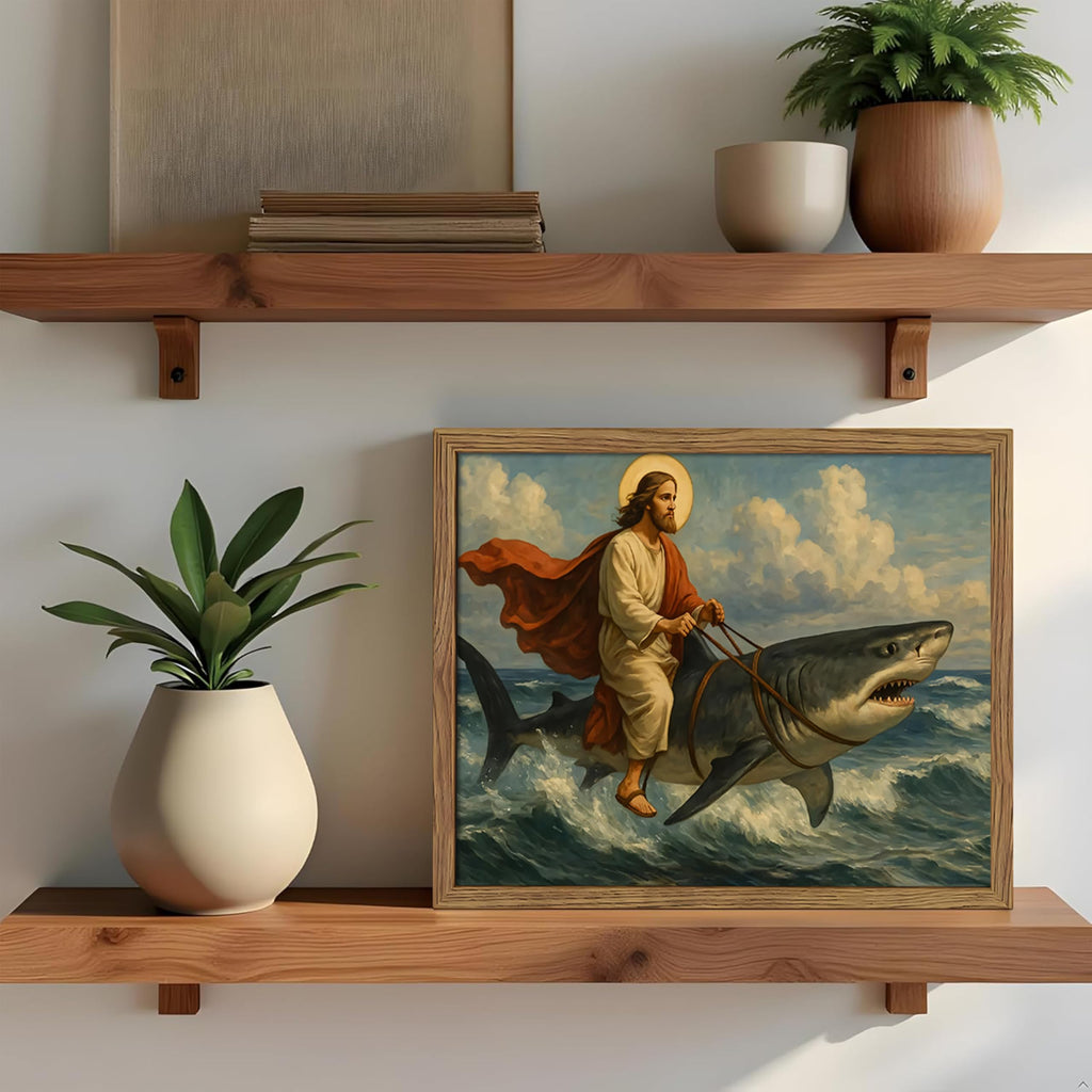 Framed Jesus Riding a Shark Wall Art, Humorous Christian Canvas Print, Fun Jesus Oil Painting, Religious Comedy Wall