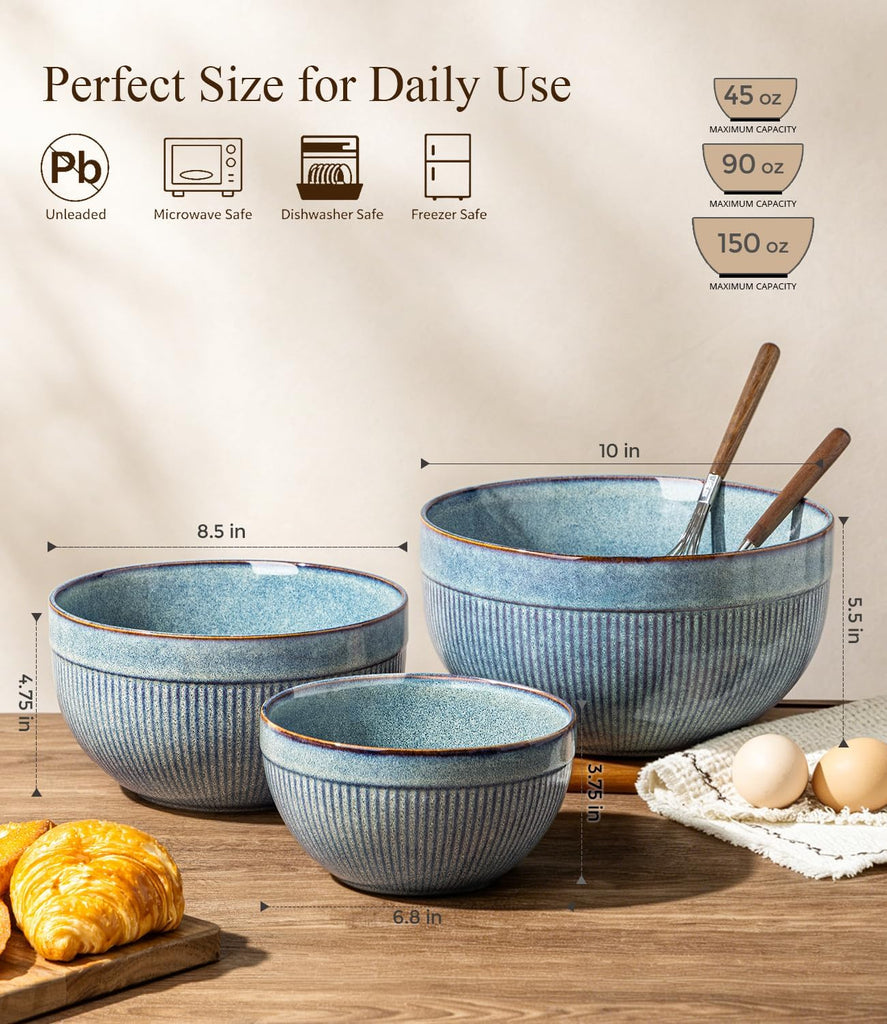 Ceramic Mixing Bowls Set of 3, Stoneware Nesting Serving Bowls, | 45/90/150 oz For Prep, Baking, Serving, Gift