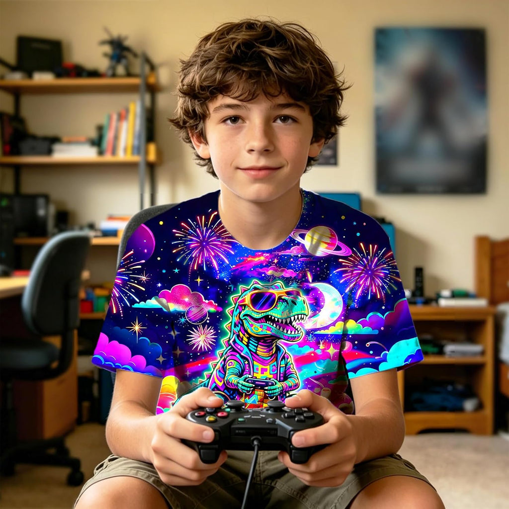 Gaming Shirts for Boys Kids Game T Shirt Neon Short Sleeve 3D Graphic Tees Novelty Shirt for Boys Girls