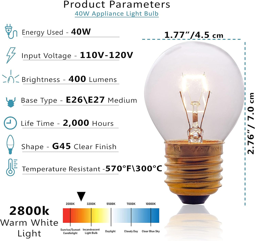 Oven Light Bulb - 40 Watt Appliance Replacement Bulbs for Oven, Stove, Refrigerator, Microwave. Incandescent - High