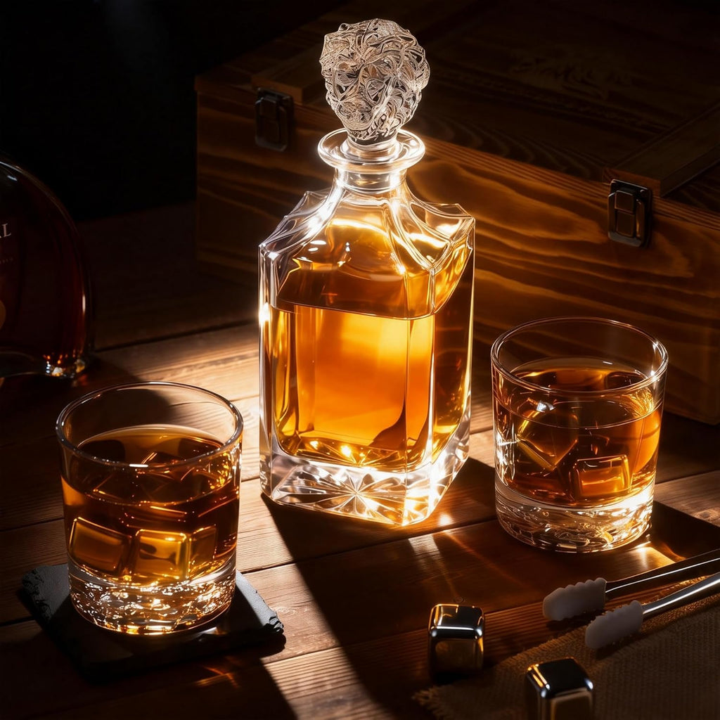 Lion Head 14-Piece Crystal Whiskey Decanter Set - 750ml Lead-Free Hand-Blown, 2 Glasses, 6 Stainless Stones, Coasters - Set of 14