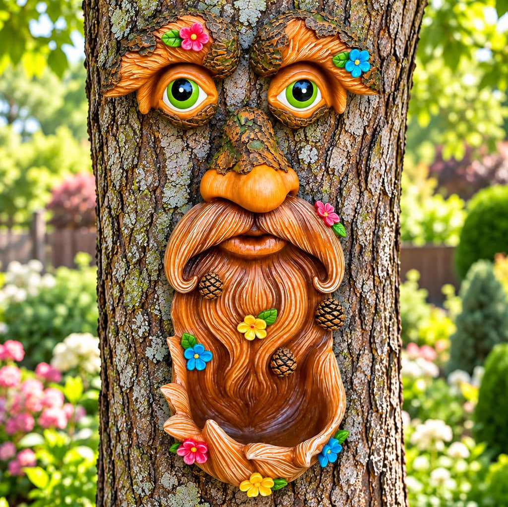 Tree Face Decor with Flowers - Old Man Tree Hugger Outdoor Garden Statue