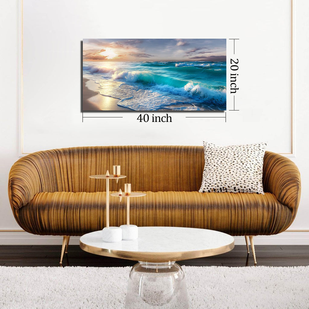 Ocean Wall Art, Blue Wave and Large Coastal Beach Canvas Wall-Decor, Gold Sun Scenery Pictures Office, Size 40x20