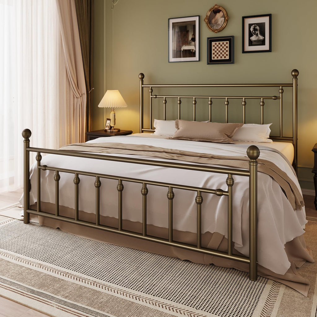 51" King Size Metal Bed Frame, Vintage Headboard, Antique Bronze