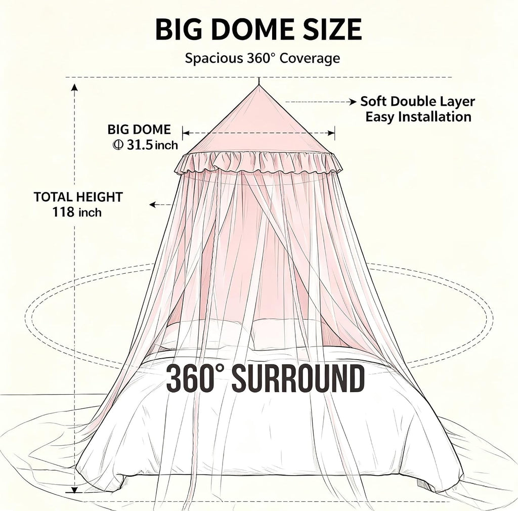Princess Bed Canopy for Girls, Double Layer Round Bed Mosquito Net, 31.5" Large Dome Indoor Castle Bed Tent, Sleeping