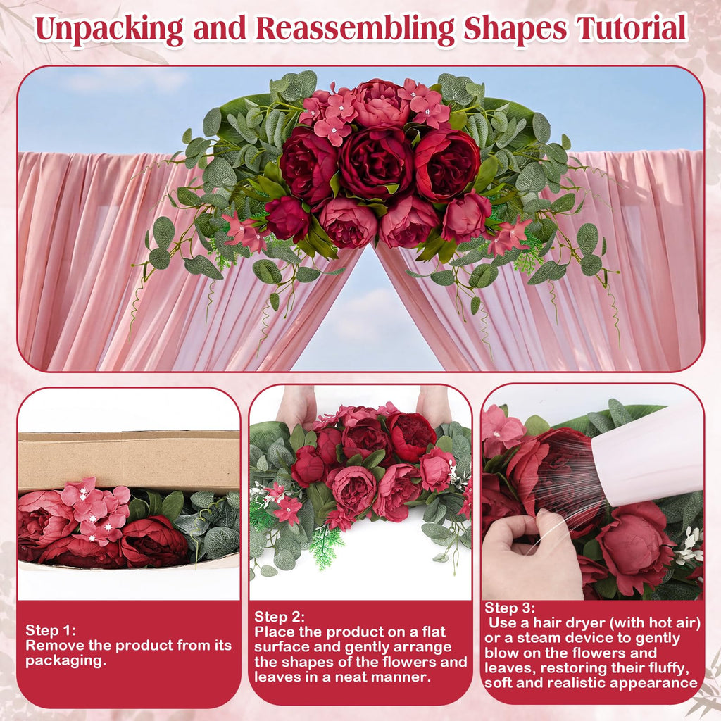 2 Pcs Artificial Peony Eucalyptus Floral Swag for Arch, Red