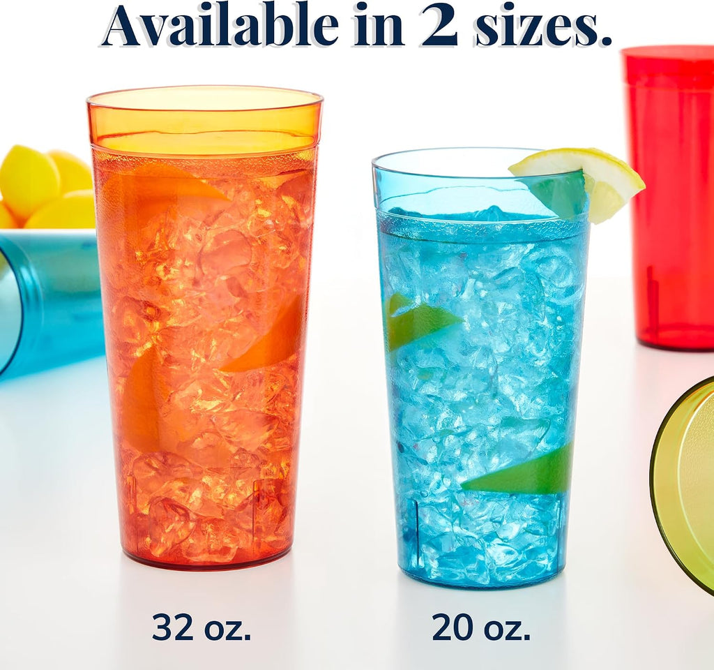 Cafe Plastic Reusable Tumblers (Set of 16) 20-ounce Water Cups Assorted Colors | Restaurant Style Drinking Glasses