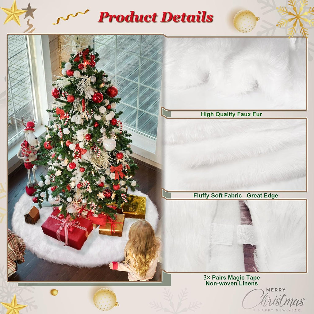 72 Inch Christmas Tree Skirt, White Faux Fur Plush Design for Holiday Decor