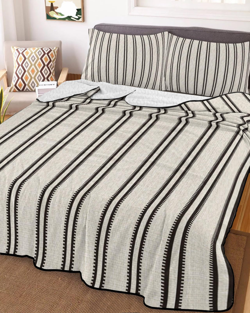 Ticking Stripes Quilt Set 3 Pieces Quilted Bedspread- Soft, Vertical Lines Lightweight Quilt with 2 Pillow