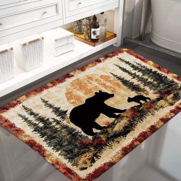 Bear Rug Mat Farmhouse Bathroom Rugs Animal Black Bear Forest Trees Rustic Cabin Carpet Camping Bath Rug Sets Bedroom