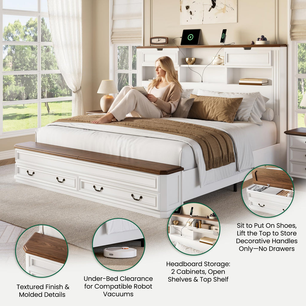 Farmhouse Bed with Headboard & Footboard Storage, White/Walnut