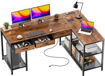 55 Inch L Shaped Office Desk with Power Outlets and Type-C Port, Large Computer Gaming Desk with 3 Fabric Drawers