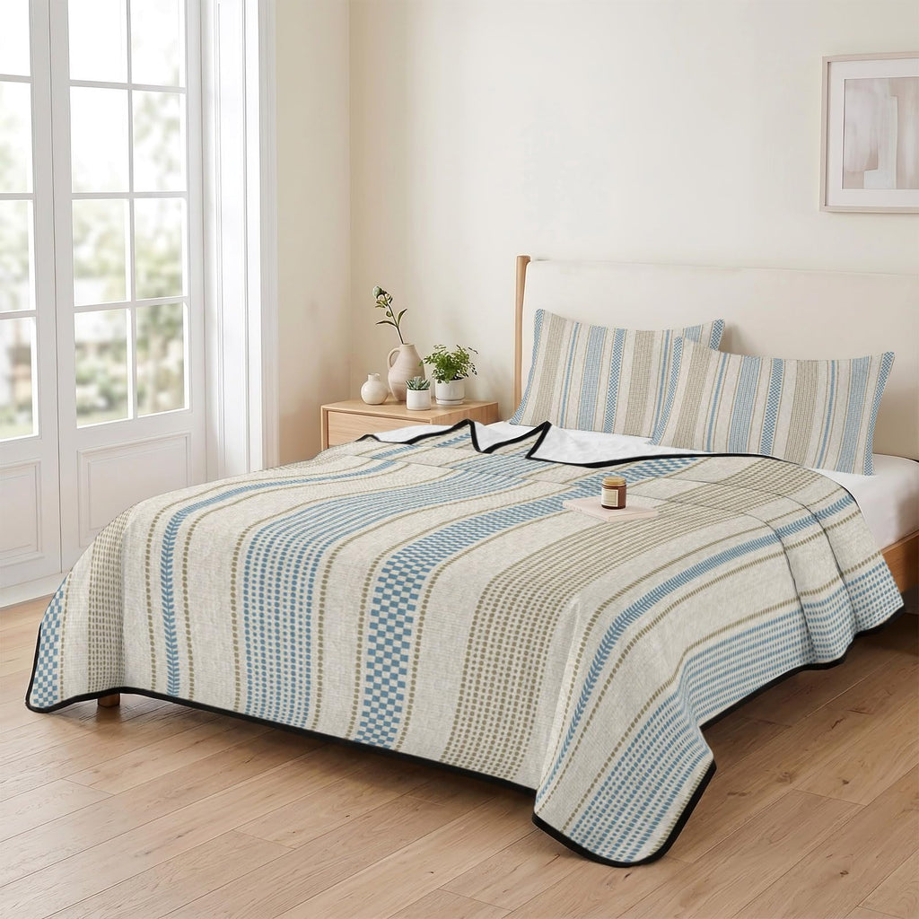 Vintage Striped Quilts Bedding Set Blue Brown Vertical Ticking Stripes French Country Lightweight Quilted