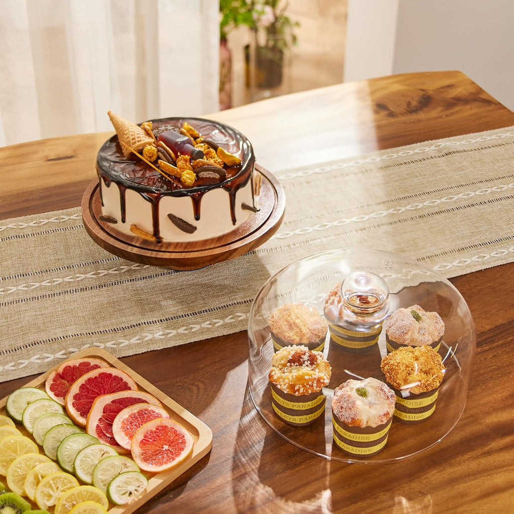 Cake Stand with Lid: 11in Rotating Wooden Cake Holder w/Glass Dome