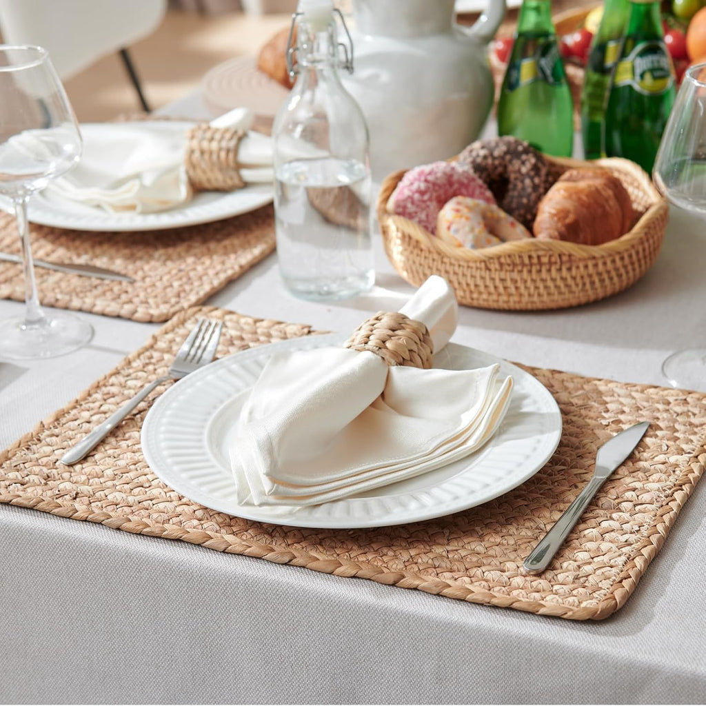 Woven Placemats Set of 6, 17" x 12" Rattan Table Mats, Natural Water Hyacinth Chargers for Dinner Plates, Wicker