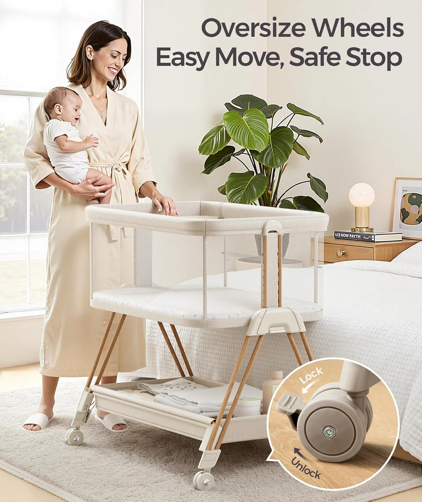 Baby Bassinets Bedside Sleeper - 3-in-1 Baby Bassinet with Wheels, Soft Mattress, Storage Tray, Full-Mesh Sides