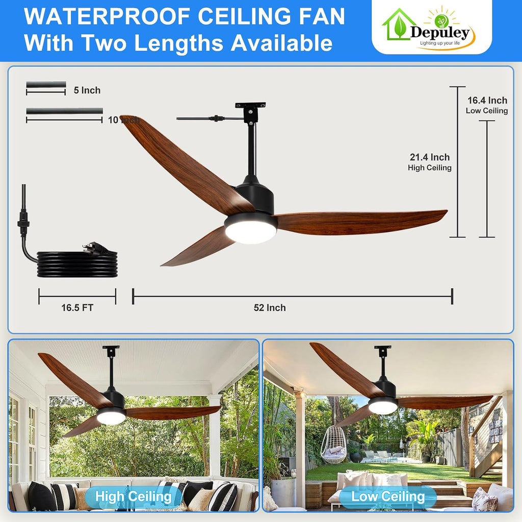 52 Inch Walnut Waterproof Gazebo Fans with Lights Outdoor Hanging - Plug in Fan for Patios - Dimmable Remote App Control A101-B0F5WNMZ9S