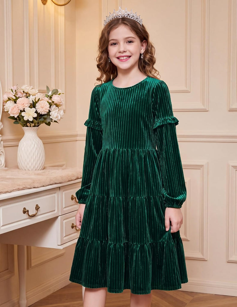 Girls Velvet Dress Tiered Long Sleeve Elegant Tween Fall Dresses