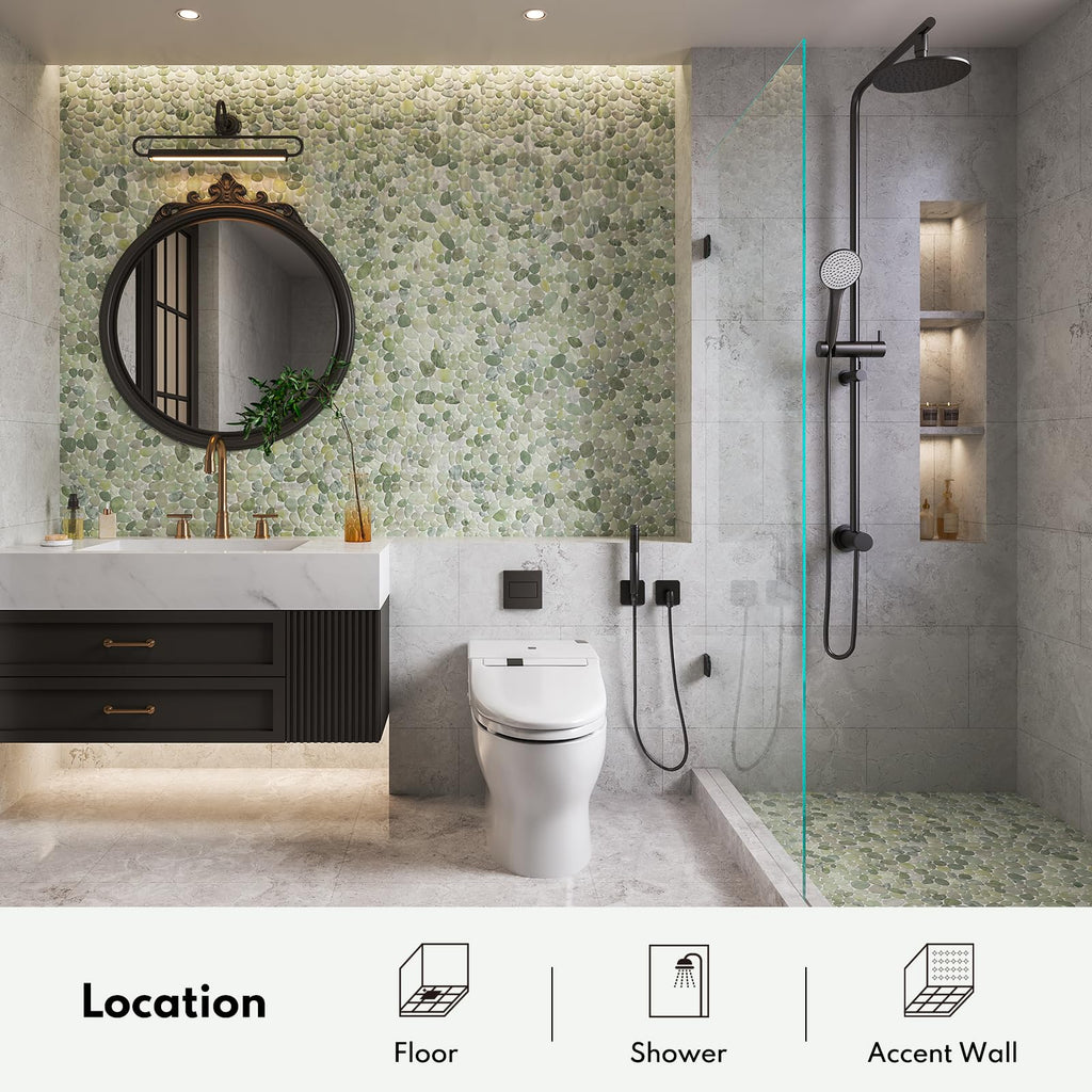 Pebble Tiles for Shower and Bathroom Floors, Jade Green Pebble Stone Mosaic Tile with Matte and Flat Surface, 5