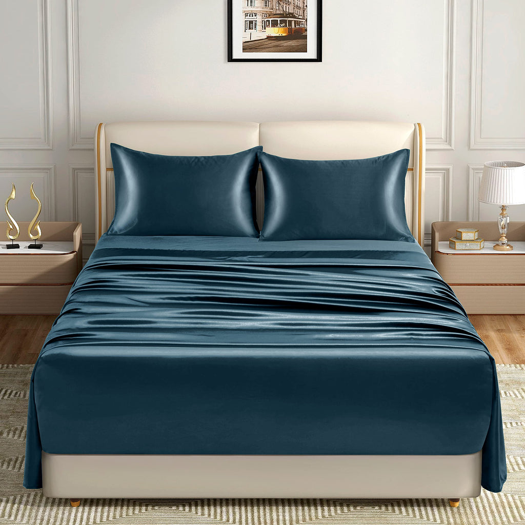 Queen Deep Sea Blue Extra Deep Pocket Satin Sheets, 4-Piece
