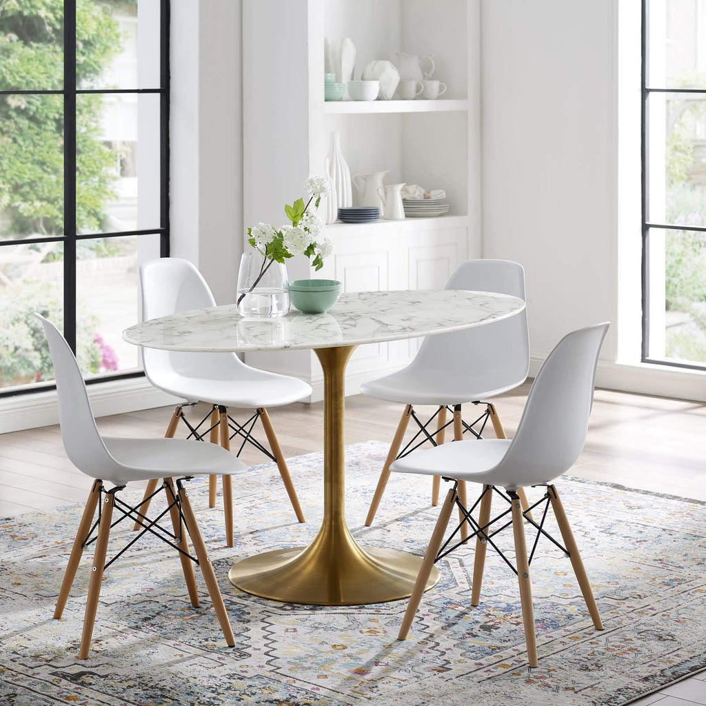 Lippa 54" Oval-Shaped Mid-Century Modern Dining Table with Artificial Marble Top and Gold Base