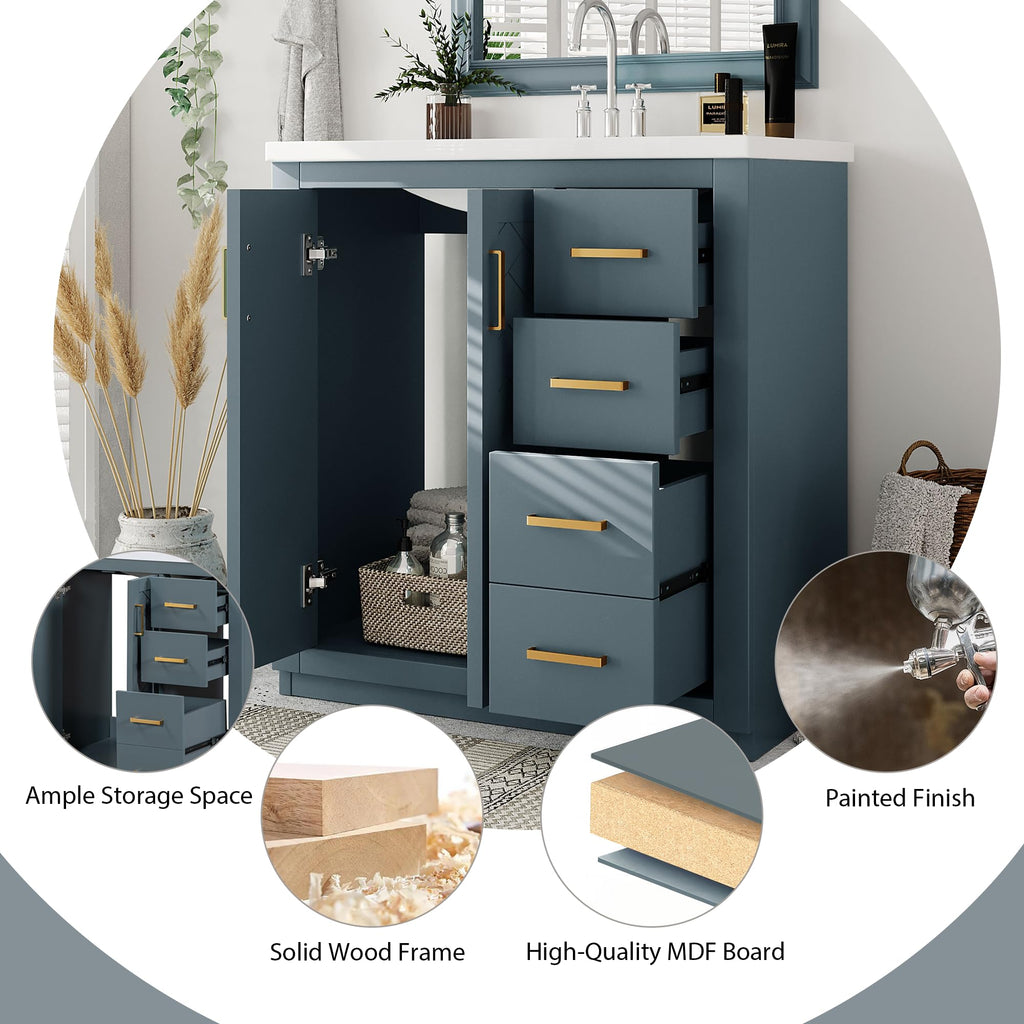 30 Inch Blue-Grey Bathroom Vanity with Sink & Gold Handles, Light Luxury