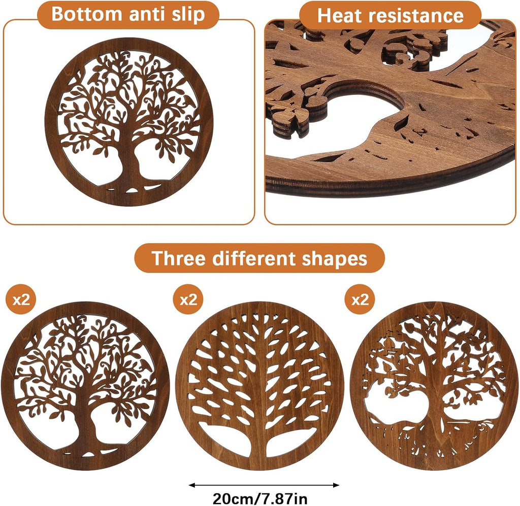 Wooden Trivets for Hot Dishes, Rustic Round Tree Trivet Set, Heat Resistant Hot Plate Holders for Pots, Pans - Set of 6