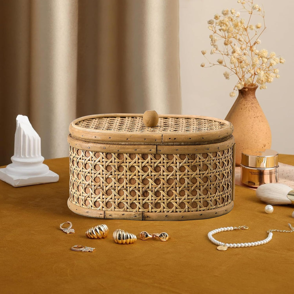 Rattan Decorative Box with Lid, Small Oval Box for Storage