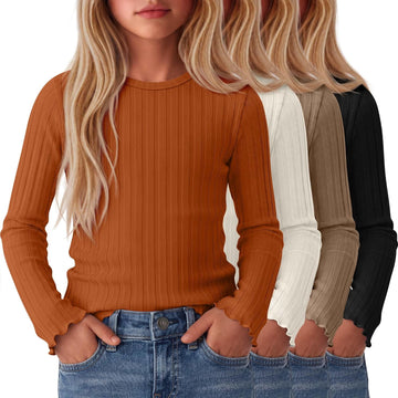 4 Pack Girls Long Sleeve Shirts Kid Cotton Ribbed Top