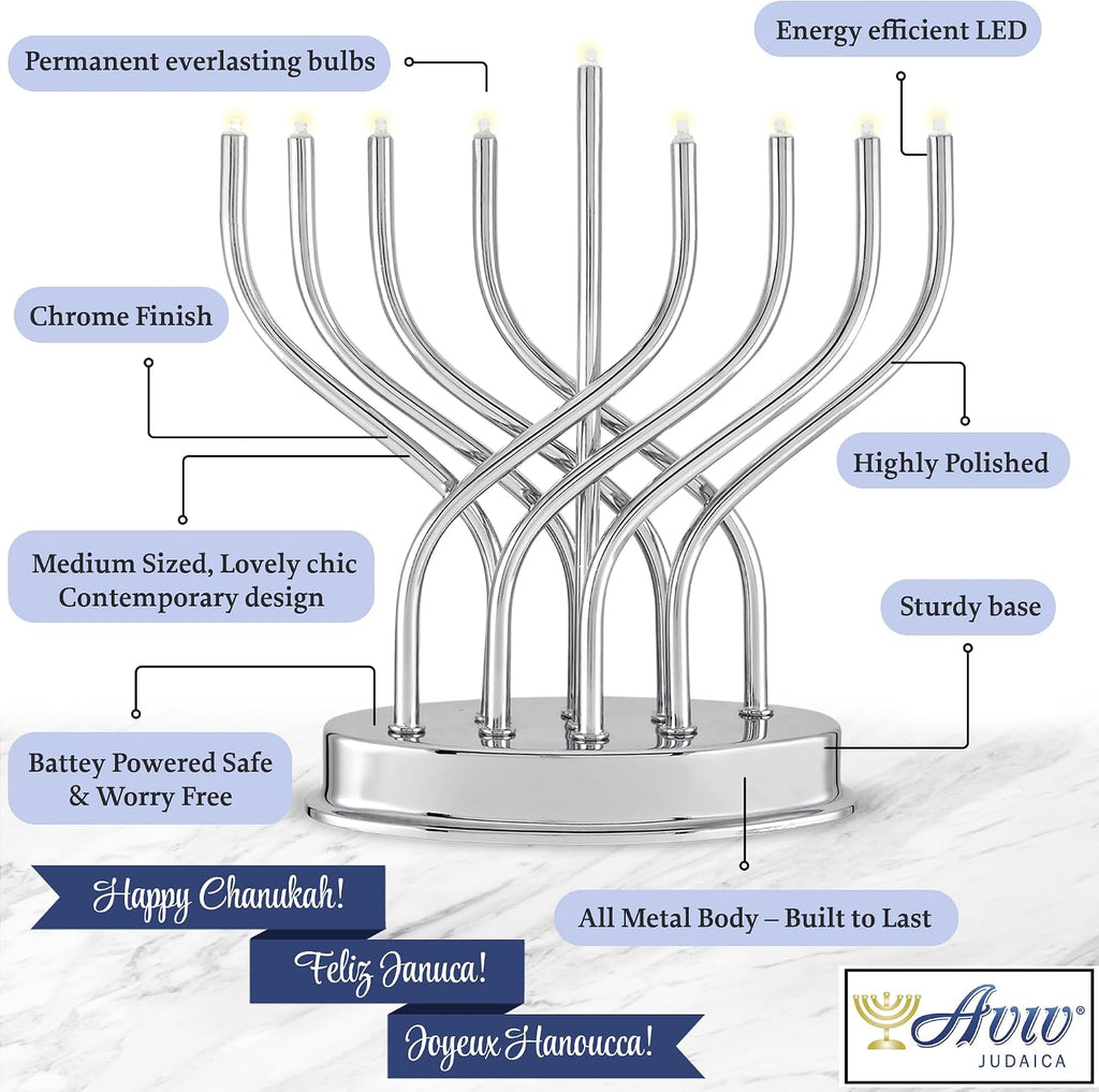 Traditional Hanukkah Electric Low Voltage Hanukkiah with LED Bulbs Contemporary Metal Electronic Chanukiah Battery
