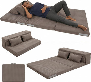 Tri-Fold Futon Mattress, Foldable Japanese Floor Sleep Mattress, High-Density Foam Tatami Bed Mat with Corduroy