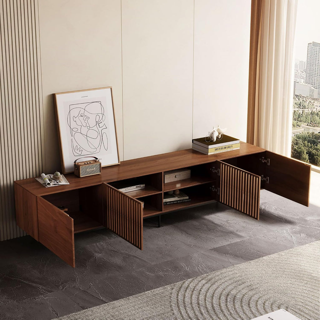 Mid Century Modern TV Stand for 80+ Inch TVs, 94.48" Walnut Console with Ample Storage - Stylish Entertainment Center