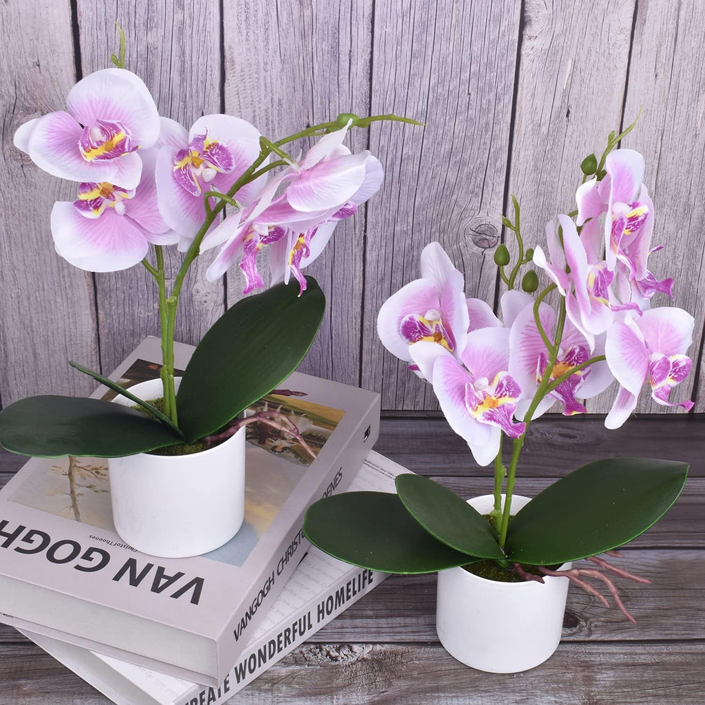 Artificial Orchid Flowers, Potted Orchid Flowers with Plastic Vase for Table Centerpiece Home Decor Office - Set of 2