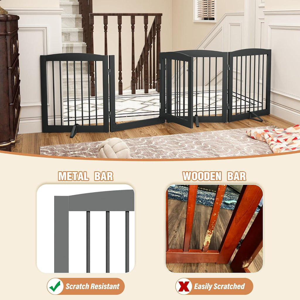 Freestanding Dog Gate with Door, Pet Gate for Stairs, 80 inch Wide Pet Barrier Indoor, Dog Fences Indoor, Support