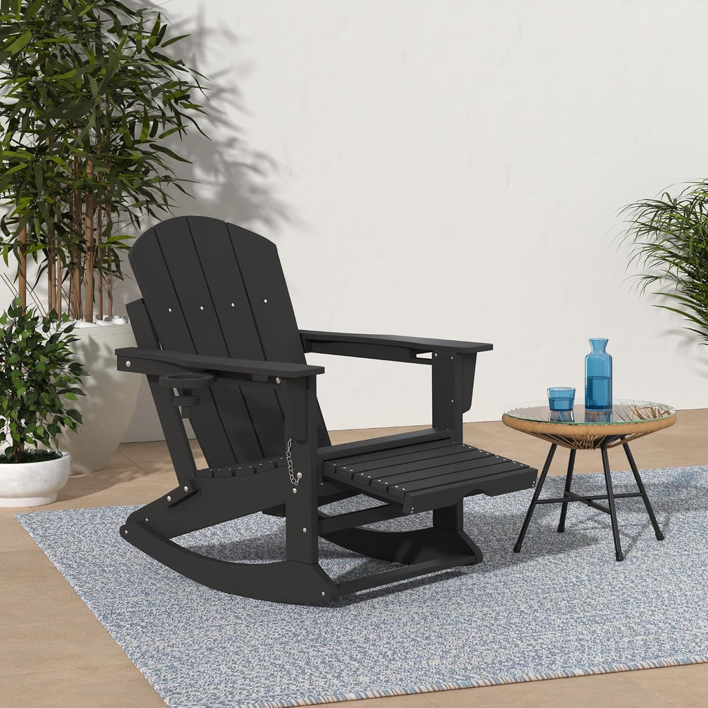 Adirondack Rocking Chair with Ottoman and Cup Holders | HDPE Porch Rocker, Black