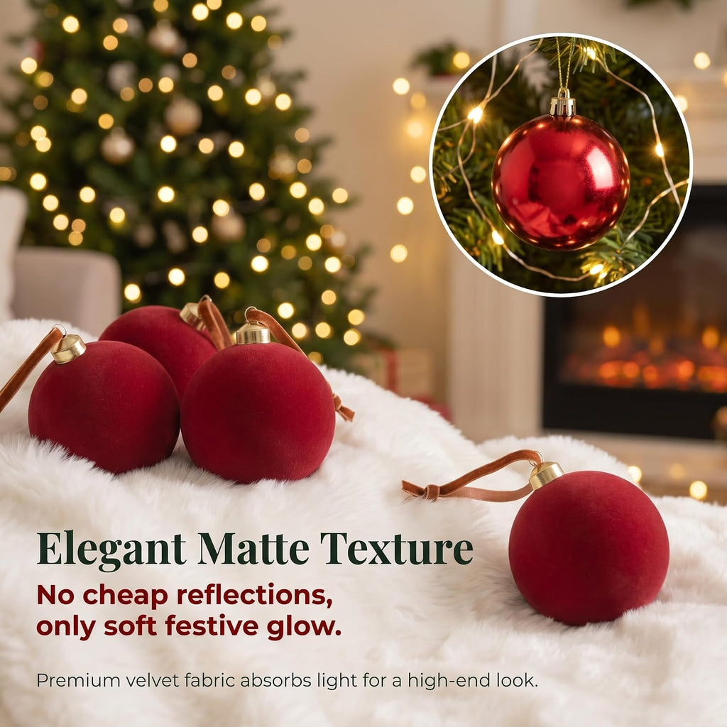 Red Velvet Christmas Decorations Balls, 2.65 Inch Christmas Ornaments Decor, Dark Red Flocked Ball for Family - Set of 15