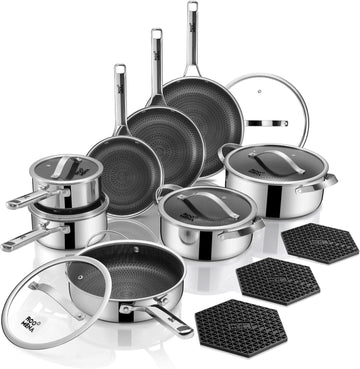 Pots and Pans Set Hybrid Stainless Steel, 17PC Nonstick Tri-Ply Cookware Set w/Frying pan, Dishwasher & Oven Safe