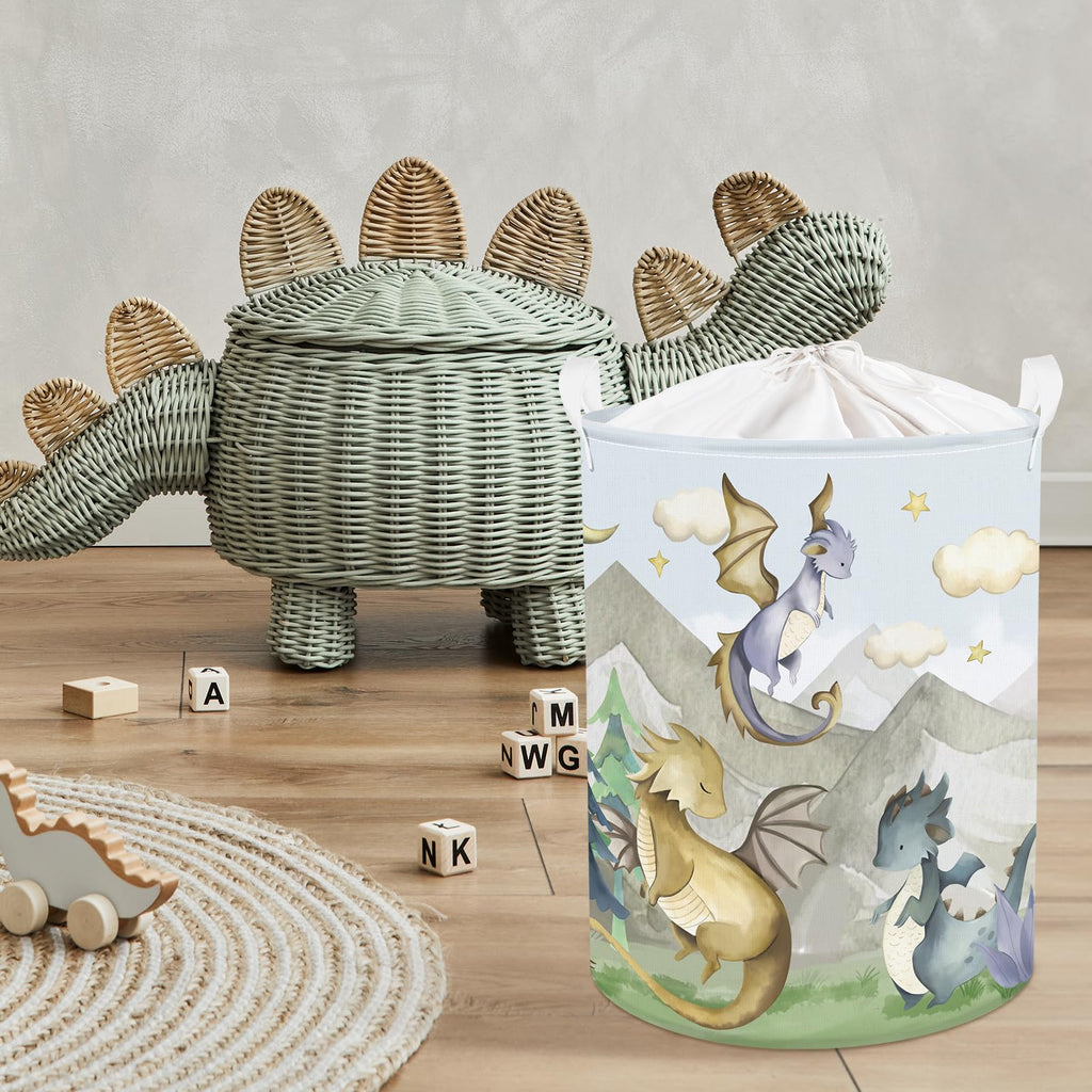 45L Kids Cute Dragon Nursery Hamper Mountain Tree Dirty Clothes Collapsible Laundry Basket Round Cloud Toys Storage
