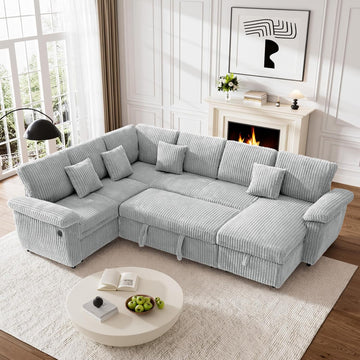 110" Sectional Sleeper Sofa with Pull Out Bed, Storage Chaise & USB Charging, U Shaped Plush Corduroy Comfy Sectional