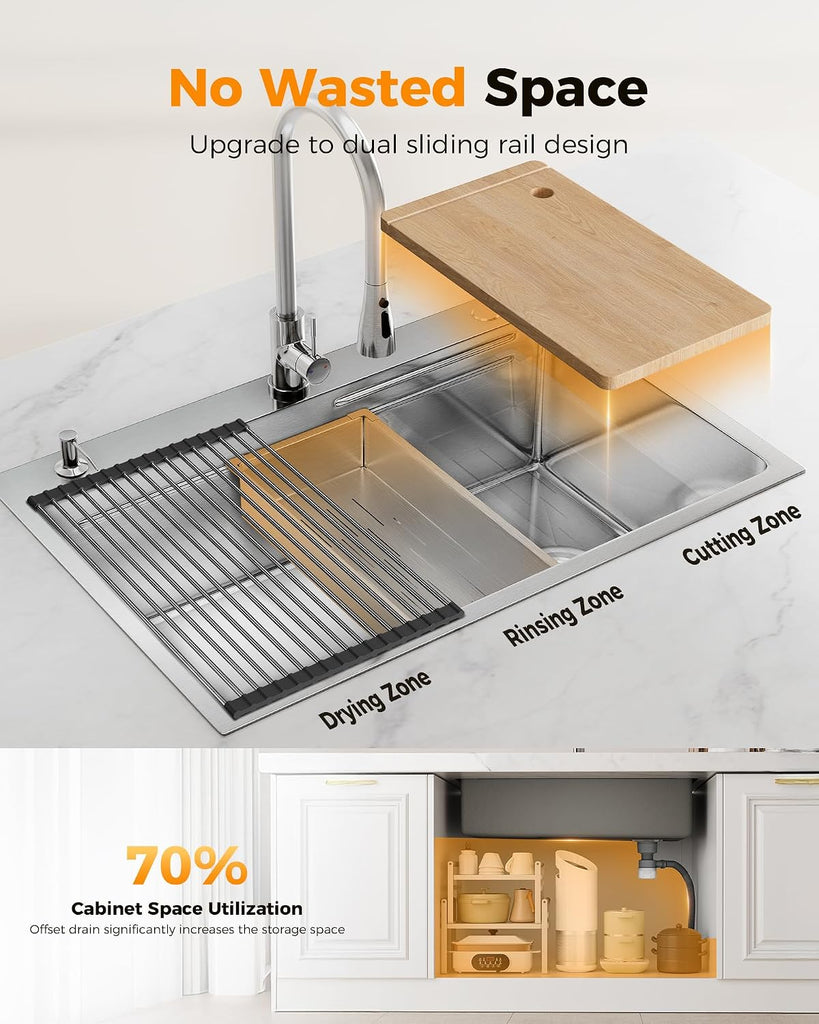 33X22 Drop Sink, 304 Stainless Steel Workstation Sink | Pop-Up Drain, Workstation Sink, Upgraded Fast Drain, Topmount