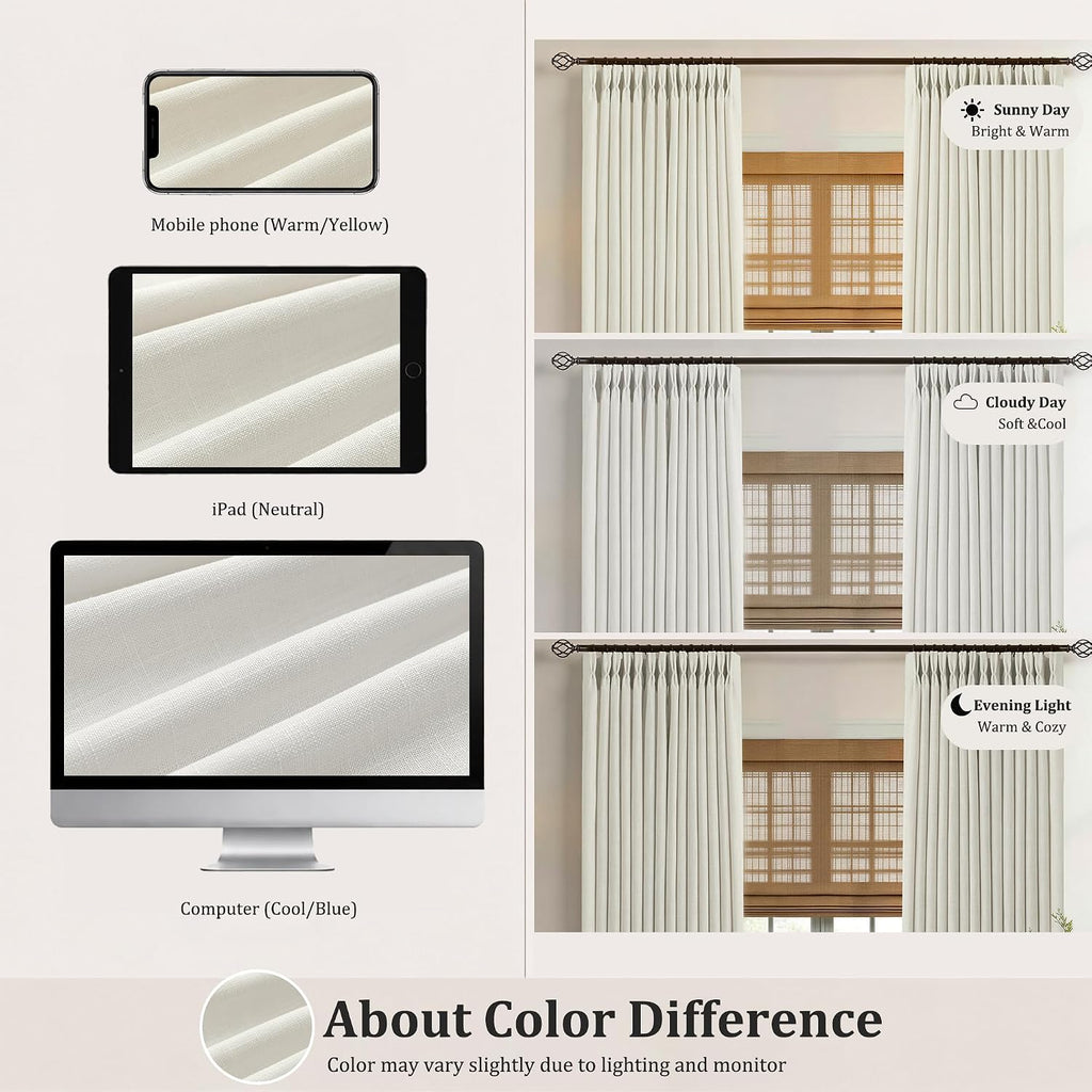 Pinch Pleated Linen Curtains 96 Inch, 2 Panels Premium 400GSM Memory Trained Semi Sheer Light Filtering Window Drapes