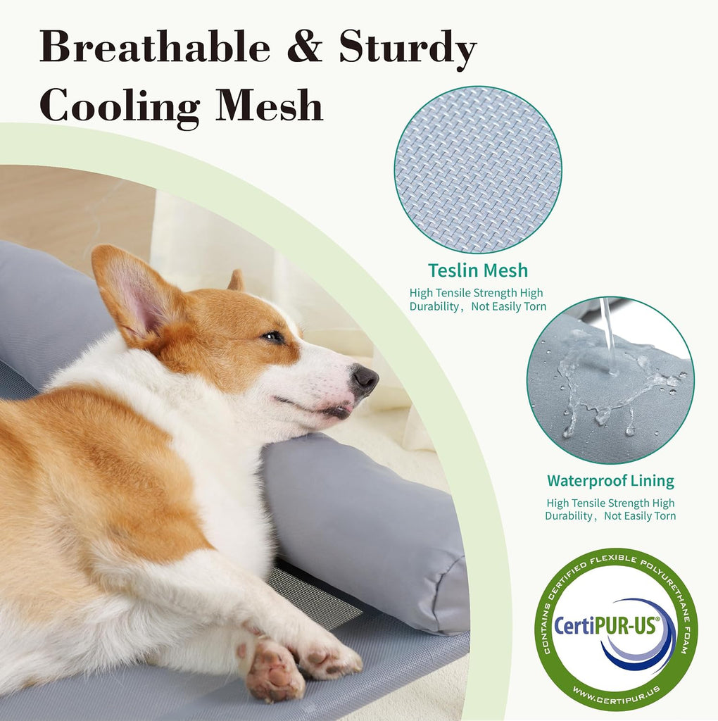 Cooling Elevated Dog Bed with Pillows, Portable Washable Raised Dog Cot with Chew Proof Mesh and Metal Frame, No-Slip