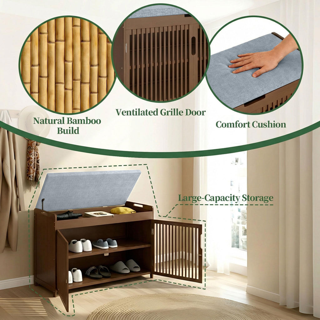 Shoe Storage Bench with Cushioned Seat 3-Tier Entryway Shoe Rack with Doors